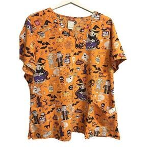 Halloween Dickies Scrubs Top 2 XL Trick Or Treat Ghost Nurse Bats Witches Brew‎